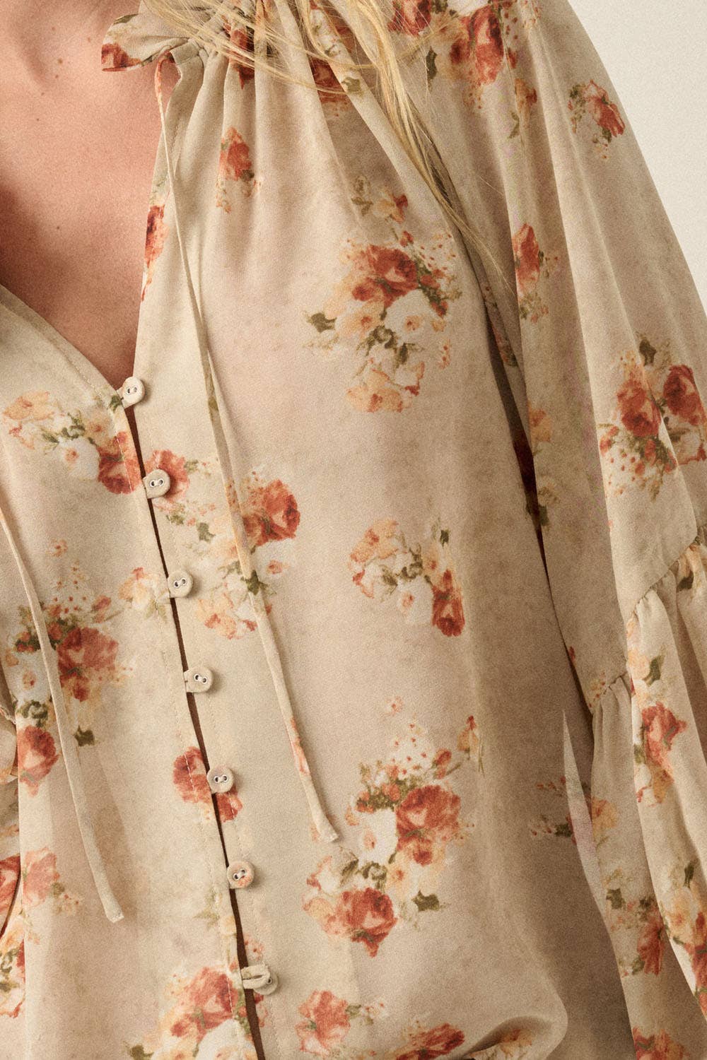 Sheer Floral Chiffon Lantern-Sleeve Button-Front Top