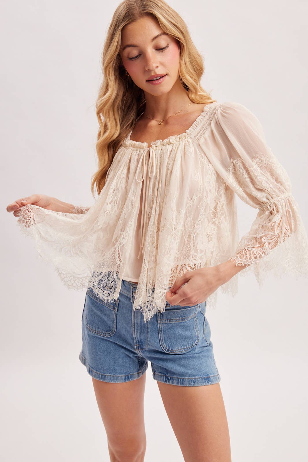 WIDE NECK RUFFLED EYELASH LACE BLOUSE
