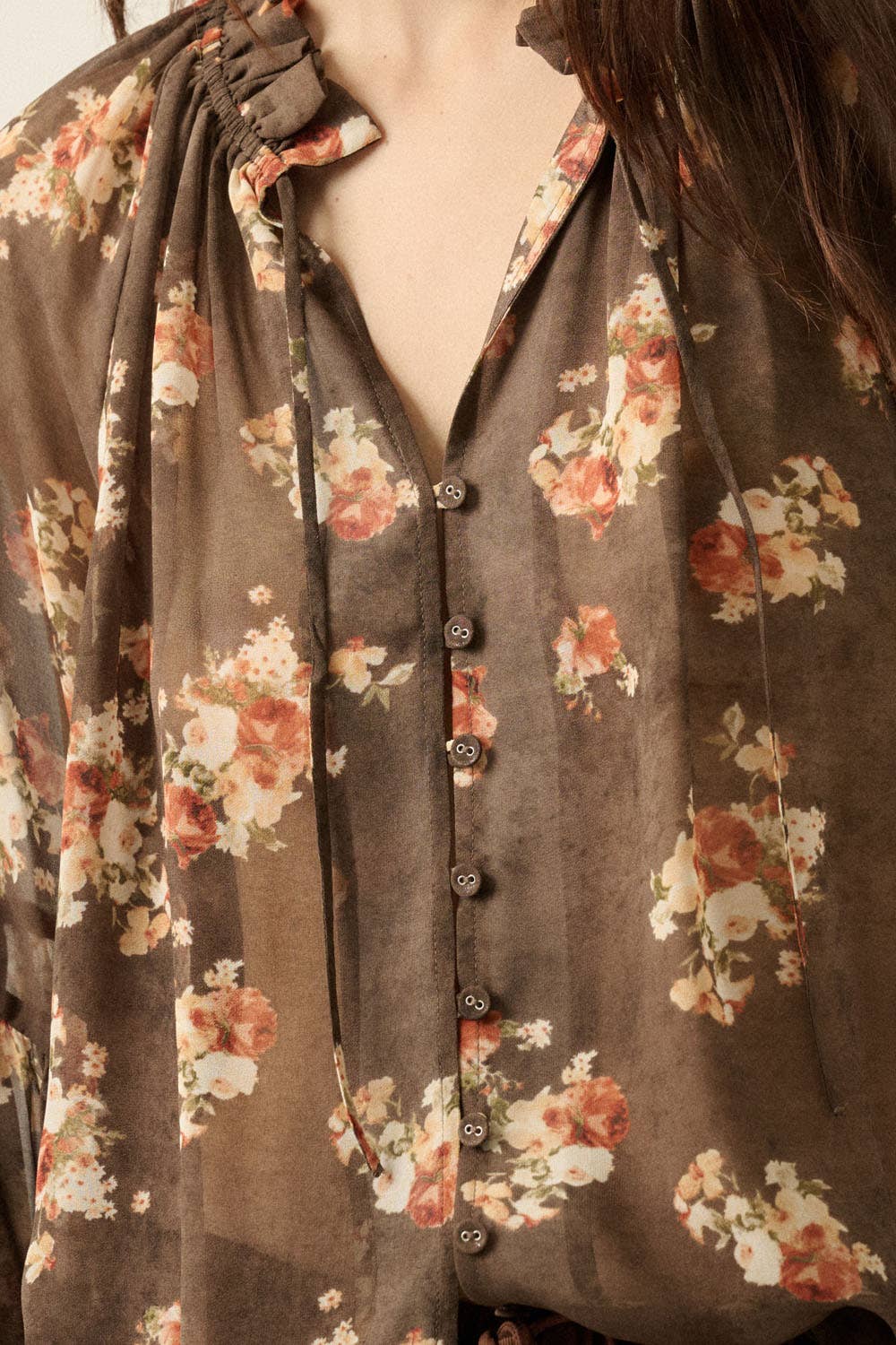 Sheer Floral Chiffon Lantern-Sleeve Button-Front Top