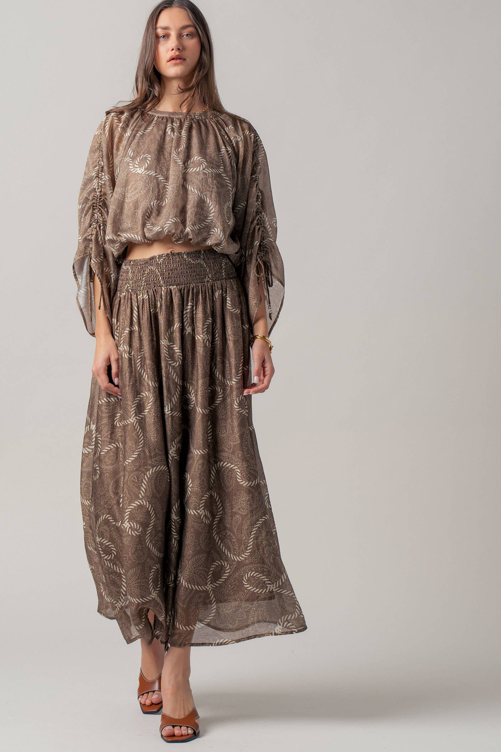 Rope Print Ruched Sleeve Blouse