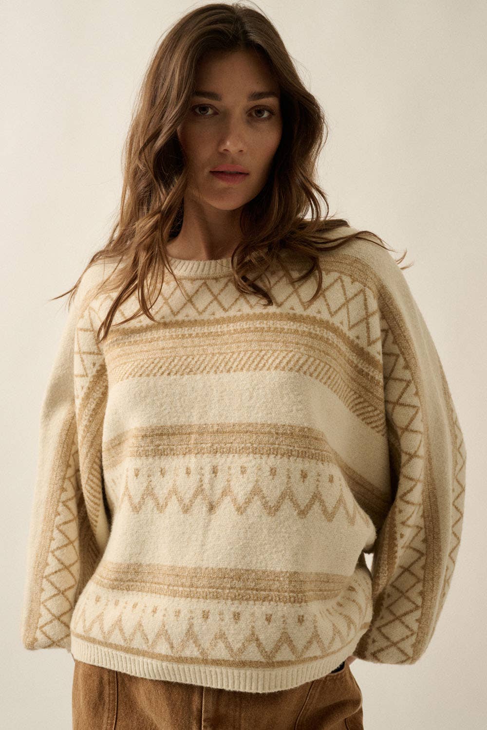 Fair Isle Jacquard-Knit Dolman Bubble-Sleeve Sweater