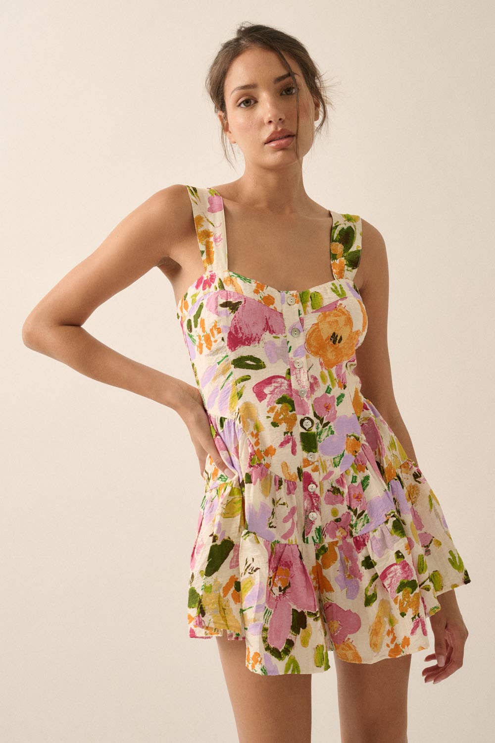 Textured Floral Fit-and-Flare Mini Romper Dress