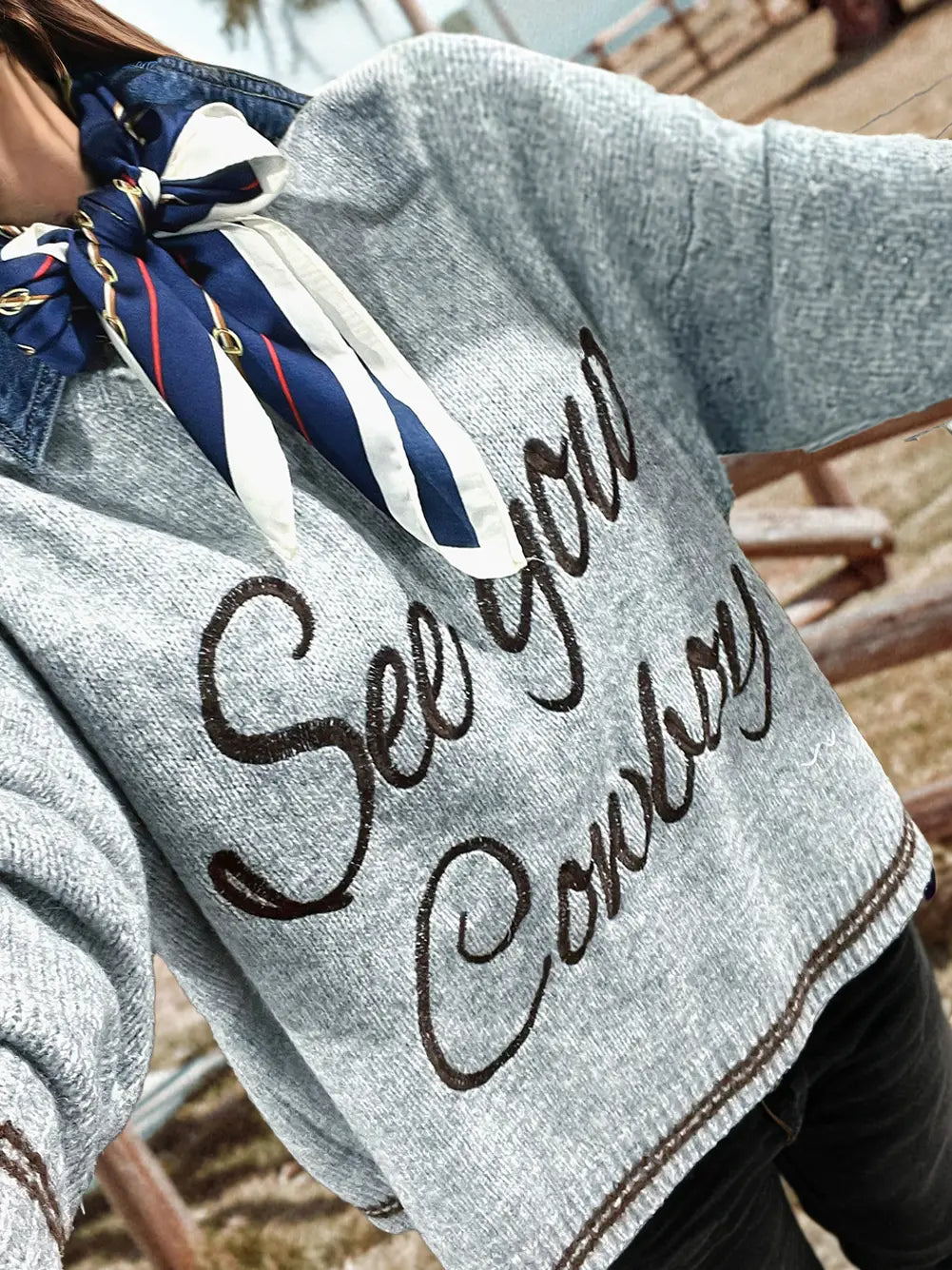 See You Cowboy Embroidered Western Graphic Sweater
