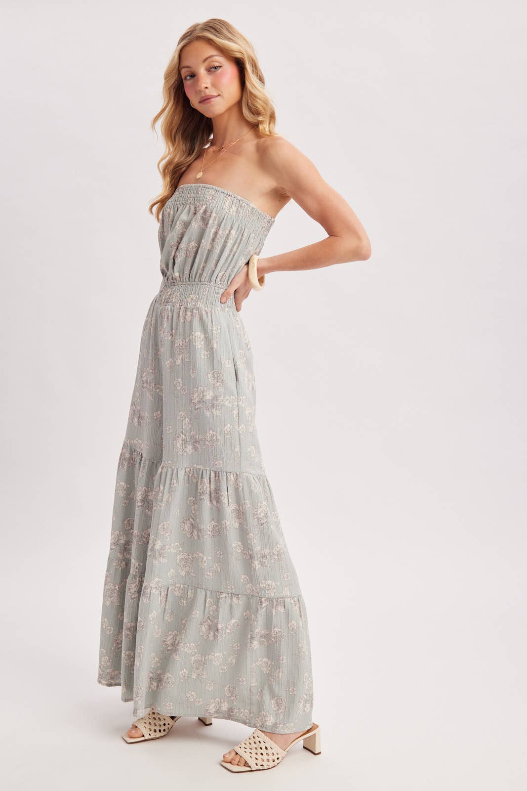 FLORAL PRINT SMOCKED TUBE TOP JUMPSUIT