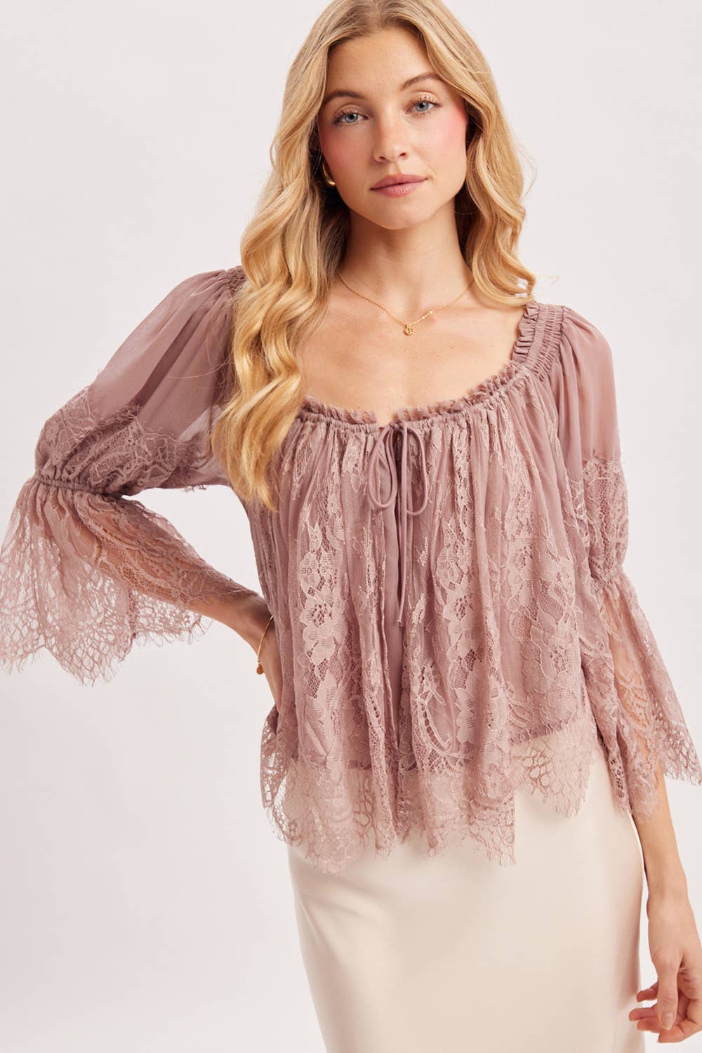 WIDE NECK RUFFLED EYELASH LACE BLOUSE