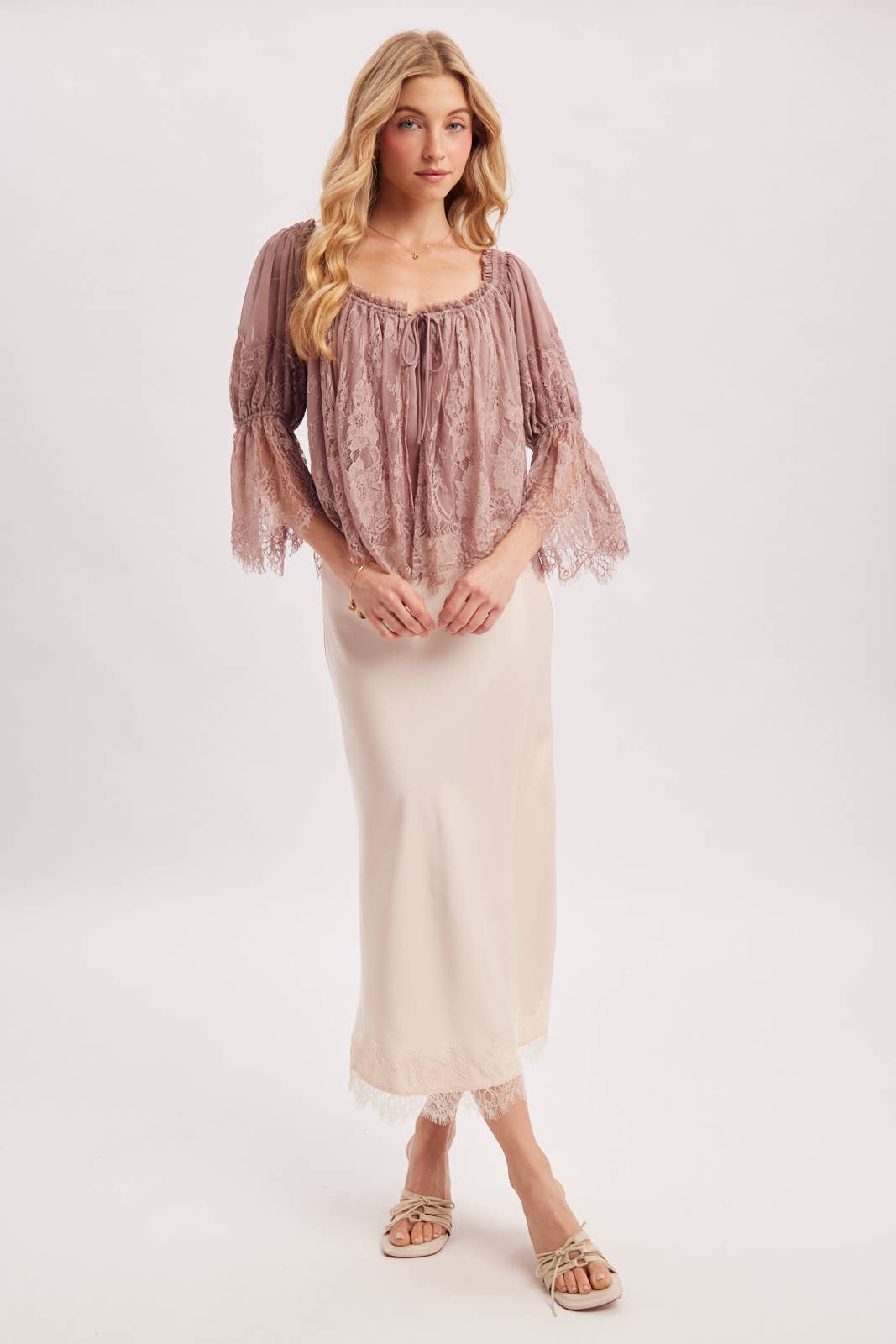 WIDE NECK RUFFLED EYELASH LACE BLOUSE