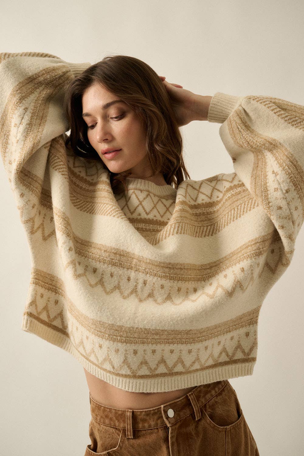 Fair Isle Jacquard-Knit Dolman Bubble-Sleeve Sweater