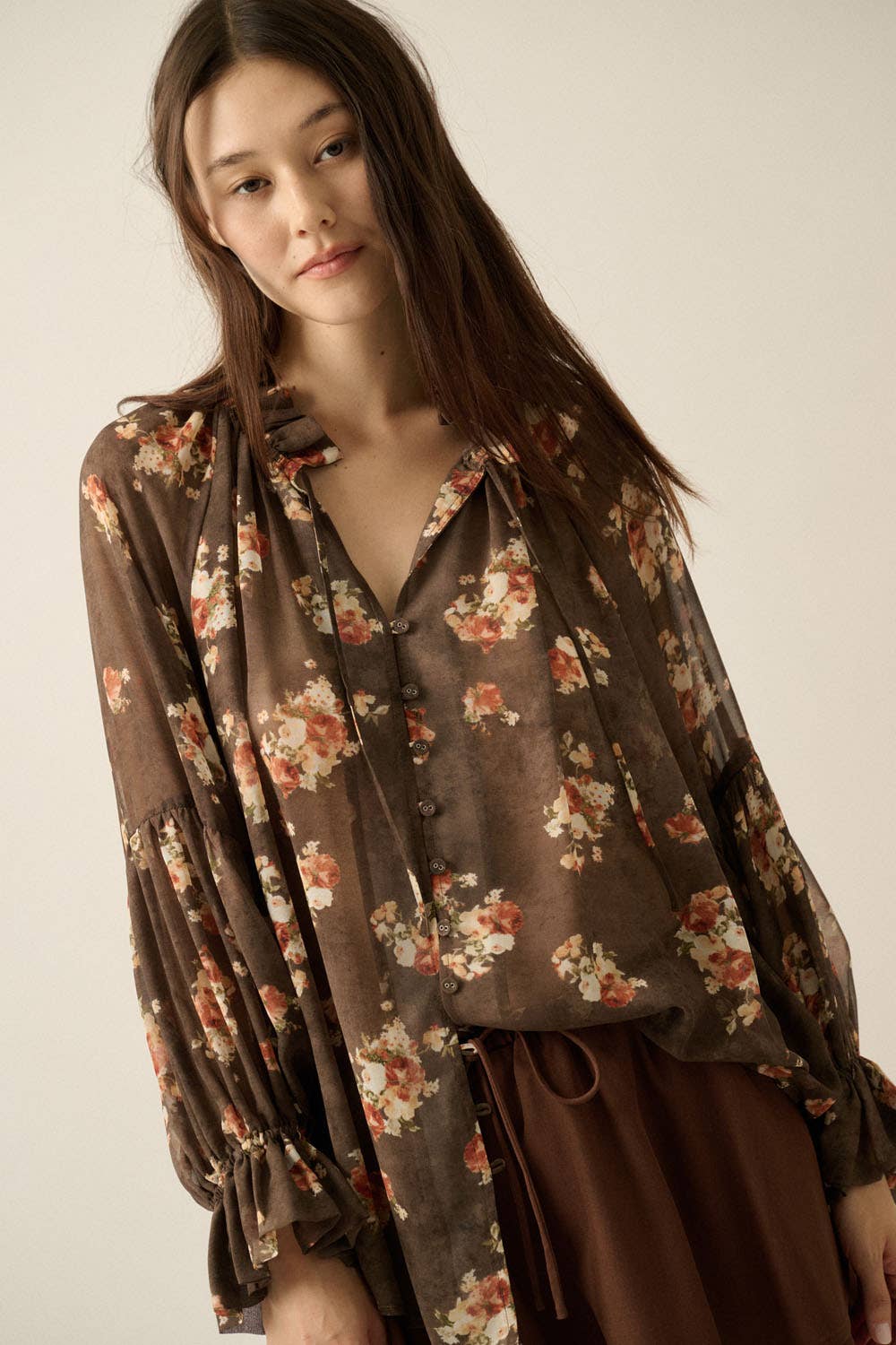 Sheer Floral Chiffon Lantern-Sleeve Button-Front Top