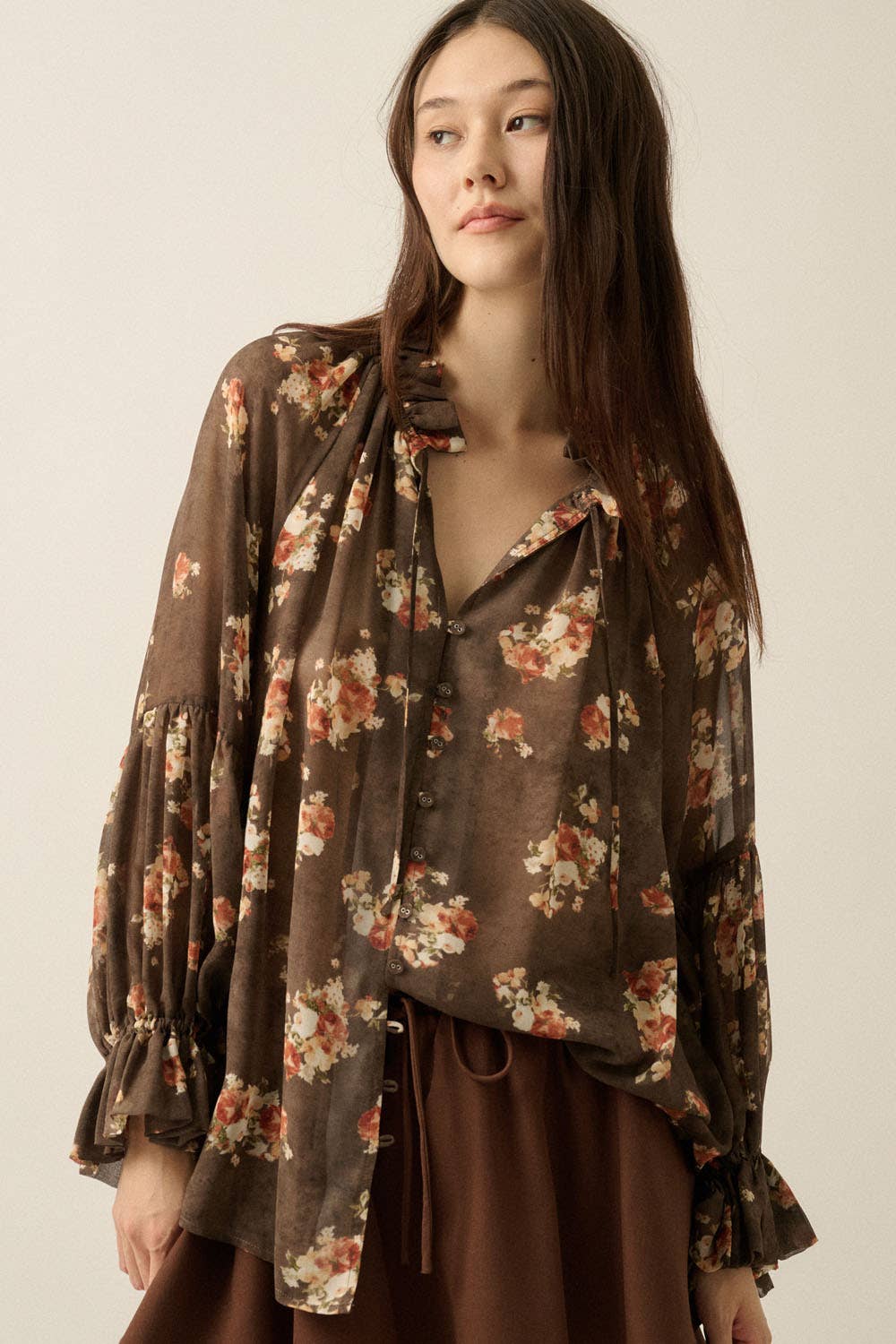 Sheer Floral Chiffon Lantern-Sleeve Button-Front Top
