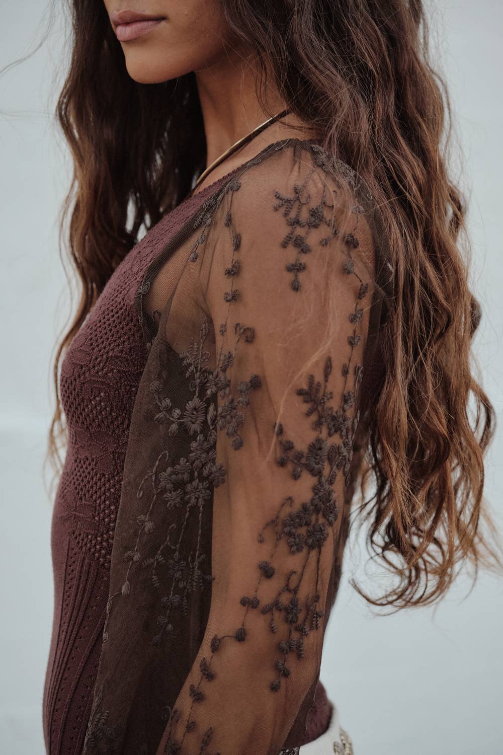 Floral and Ribbed Pointelle-Knit Lace Bubble-Sleeve Bodysuit
