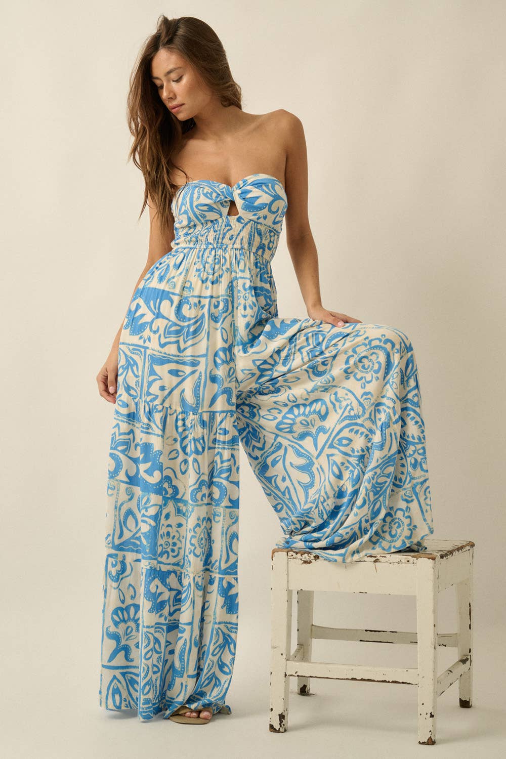 Floral-Print Crepe Strapless Wide-Leg Tiered Jumpsuit