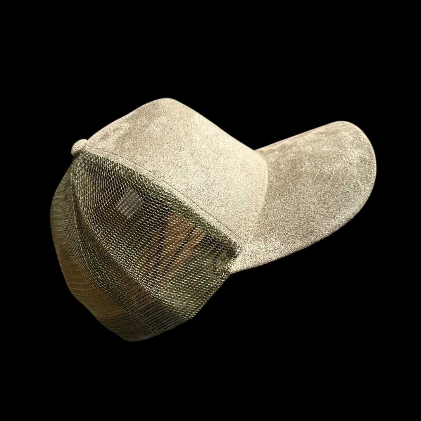 Gray vegan suede trucker hat with structured front and snapback