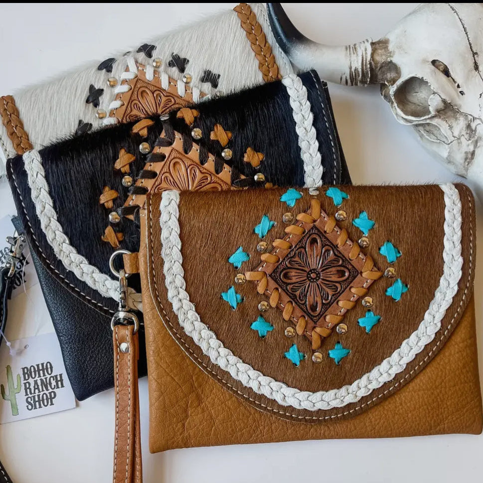 Wristlet Cowhide Leather Clutch Purse