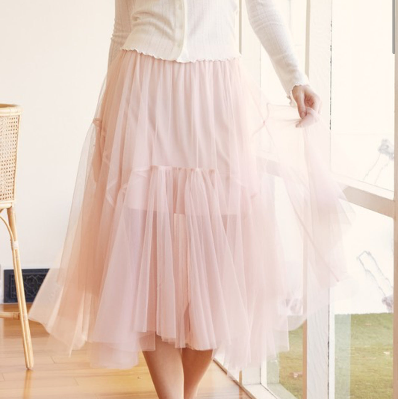 Blushing Bloom Mesh Pleated Midi Tulle Skirt