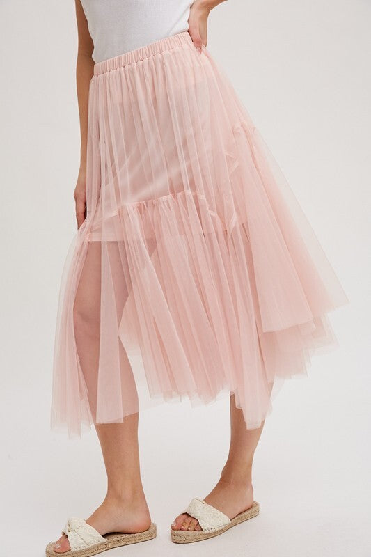 Blushing Bloom Mesh Pleated Midi Tulle Skirt
